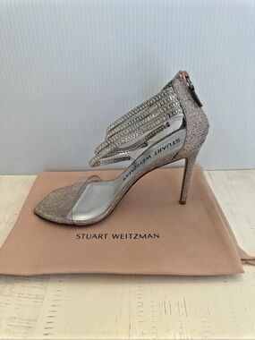 Stuart Weitzman Rose Gold Glitter Fringe Stiletto Sandal